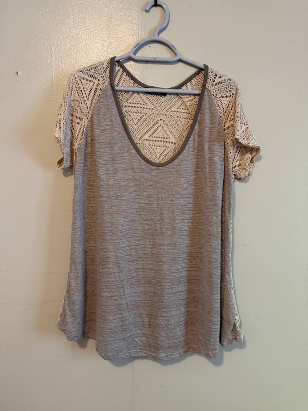 Crochet Sleeve Scoop Neck Women's Top in Taupe and Cream